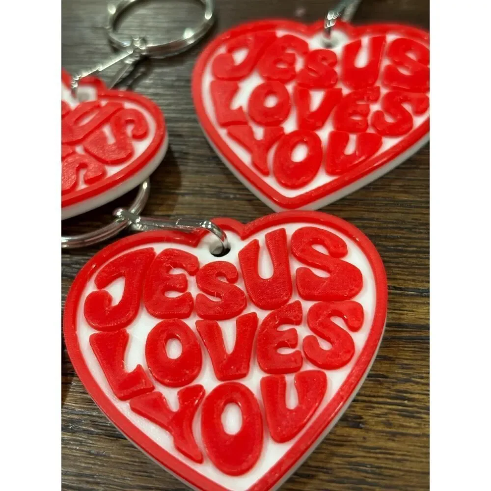 Jesus Loves You Heart Keychain | Red White Retro Christian Faith Gift (10 Pack)